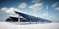 Modern and futuristic aesthetic black solar panels of large photovoltaic power station with wind turbines in background in nice