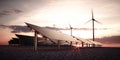 Modern and futuristic aesthetic black solar panels of large photovoltaic power station with wind turbines in background in warm