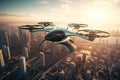 Modern and futuristic air taxi flying in modern city. Generative AI. Royalty Free Stock Photo