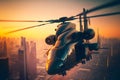 Modern futuristic army helicopter transport in city center. Neural network generated art