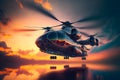 Modern futuristic army helicopter transport in city center. Neural network generated art