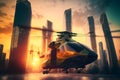 Modern futuristic army helicopter transport in city center. Neural network generated art