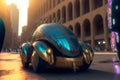 Modern futuristic car with bettle design in city center. Neural network generated art