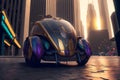 Modern futuristic car with bettle design in city center. Neural network generated art