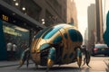 Modern futuristic car with bettle design in city center. Neural network generated art