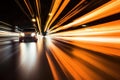 Modern futuristic car in movement. Cars lights on the road at night time. Timelapse, hyperlapse of transportation