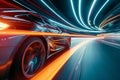 Modern futuristic car in movement. Sports luxury cars lights on the road at night time. Timelapse, hyperlapse of