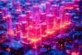 Modern futuristic city. Skyscrapers buildings with digital hologram glowing lights Royalty Free Stock Photo