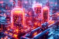 Modern futuristic city. Skyscrapers buildings with digital hologram glowing lights Royalty Free Stock Photo