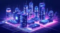 Modern futuristic city with skyscrapers in neon light, isometric vector illustration, Generative AI illustrations Royalty Free Stock Photo