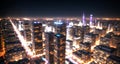 A modern futuristic cityscape at night. Defocused image, above view of an urban city center with many tall buildings, towers Royalty Free Stock Photo