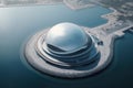 Modern futuristic concert hall, ocean academia, fluid organic forms, AI generative aerial shot