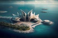 Modern futuristic concert hall, ocean academia, fluid organic forms, AI generative aerial shot