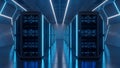 Futuristic Data Center Hallway with Glowing Blue Neon Lights and Server Racks Royalty Free Stock Photo