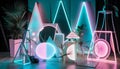 A modern, futuristic domestic room with bright, glowing lighting equipment generated by AI