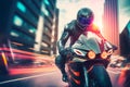 Modern futuristic fast sport bike with biker in city center. Neural network generated art