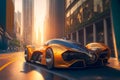 Modern futuristic fast sport car in city center. Neural network generated art