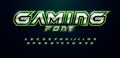 Modern futuristic font for video game logo and headline. Bold letters with sharp angles and green outline. Tilted sharp