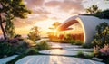 Modern futuristic home garden at sunset, modern future home design, generated ai