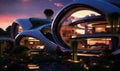 Modern futuristic home garden at sunset, modern future home design, generated ai