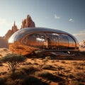 A modern, futuristic house with a large dome-shaped roof nestled among the rugged desert landscape