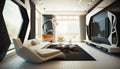 A modern futuristic living room interior design, futurism decor, stunning and luxury.