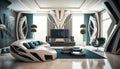 A modern futuristic living room interior design, futurism decor, stunning and luxury.