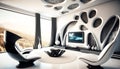 A modern futuristic living room interior design, futurism decor, stunning and luxury.