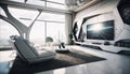 A modern futuristic living room interior design, futurism decor, stunning and luxury.