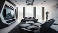 A modern futuristic living room interior design, futurism decor, stunning and luxury.