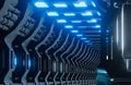 Modern futuristic Neon Light Glowing Sci Fi space station. realistic dark corridor with Universe view. Alien Ship Star Gate. Metal Royalty Free Stock Photo