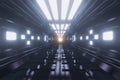 Modern futuristic Neon Light Glowing Sci Fi space station. realistic dark corridor with Universe view. Alien Ship Star Gate. Metal Royalty Free Stock Photo