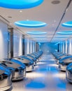 Modern futuristic office interior with robot pods and blue lights. Royalty Free Stock Photo