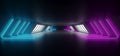 Modern Futuristic Sci Fi Alien Ship Reflective Dark Empty Long Corridor Tunnel With Big White Windows And Purple Blue Triangle Royalty Free Stock Photo