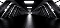 Modern Futuristic Sci Fi Empty Bright Long Corridor Tunnel With Dark Reflective Concrete Big Cylinder Columns With Blue Led Lights