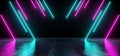 Modern Futuristic Sci-FI Refelctive Grunge Wet Concrete Dark Empty Room With Neon Glowing Purple And Blue Tube Lights Club