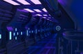 Modern Futuristic Sci Fi spaceship,metal floor and light panels,blue neon glowing lights,interior design dark background,spaceship Royalty Free Stock Photo