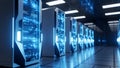 Futuristic Server Room with Blue LED Lights, Data Center Technology, Network Storage Royalty Free Stock Photo
