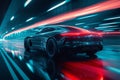 Modern futuristic sport car in movement. Sports luxury cars lights on the road at night time. Timelapse of