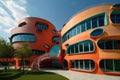 modern, futuristic-style kindergarten exterior, designed to blend into its natural surroundings and offer a visually