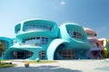 modern, futuristic-style kindergarten exterior, designed to blend into its natural surroundings and offer a visually