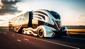 Modern futuristic truck run in highway at sunset, illustration ai generative
