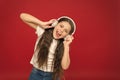 Modern gadget concept. Music taste. Music plays an important part lives teenagers. Powerful effect music teenagers their Royalty Free Stock Photo