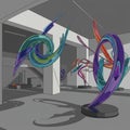 Modern gallery interior featuring abstract, colorful sculptures with swirling, dynamic Royalty Free Stock Photo