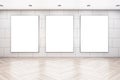 Modern gallery room with three empty white banners Royalty Free Stock Photo