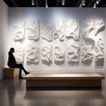 A modern gallery space with 3D sculptural wall installations