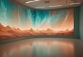 A modern gallery space featuring a curved, large-screen display showing a panoramic image of a desert landscape under a Royalty Free Stock Photo