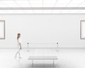 Modern gallery wall mockup. Woman walk in museum hall