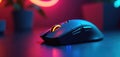 Modern gaming computer mouse with colorful LED illumination rests on dark desk surface. Neon lights reflect on glossy shell Royalty Free Stock Photo