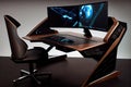 modern gaming desk with sleek and minimalist design, built-in monitor arm, and ergonomic keyboard tray